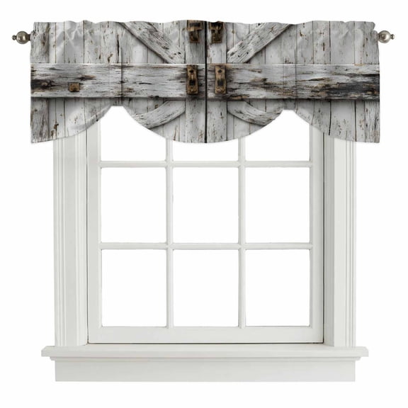Tie Up Valances for Windows, Vintage Gate Adjustable Valance Curtains Window Treatment for Living Room, Farmhouse Wooden Grain Shabby Chic Door Rod Pocket Kitchen Curtains & Drapes 60x18 Inch