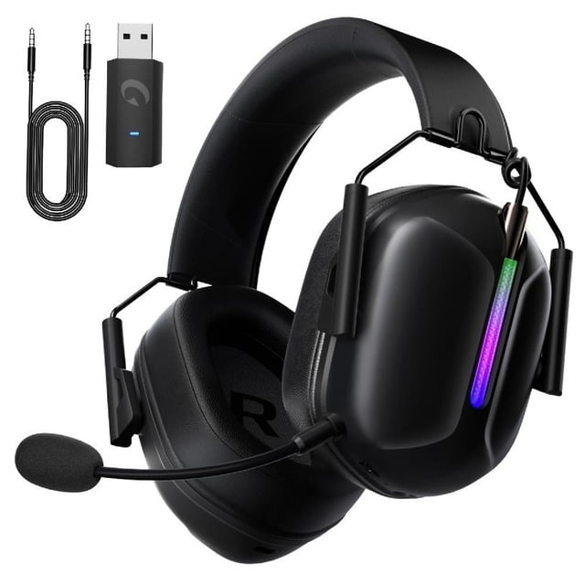 Ecomoment Auriculares Inalámbricos para Juegos, Auriculares para Juegos USB de 2,4 GHz con Micrófono Desmontable Compatible con PS5 PC Switch PC con Bluetooth 5.2, Cable de 3,5 Mm para Series Xbox, Luz USB, 40 H, Negro