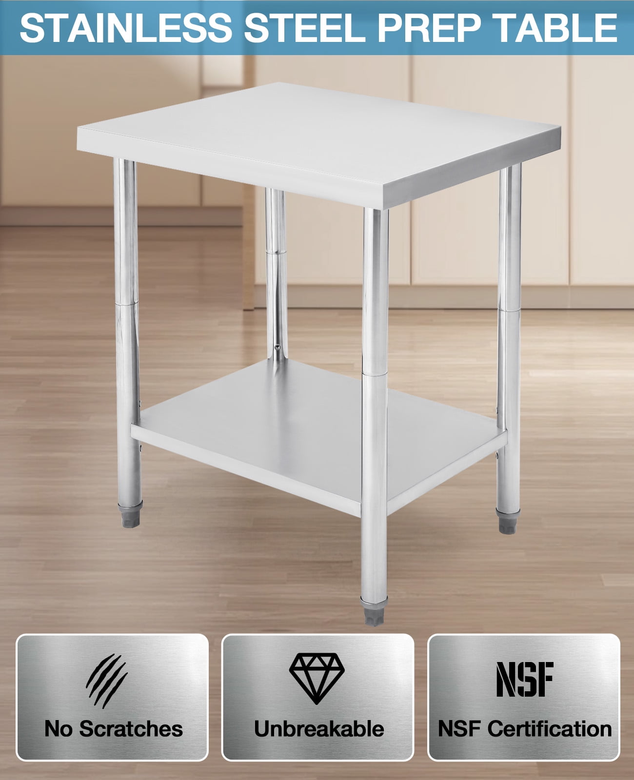 Stainless Steel Work Table Commercial.  Metal Utility Table w/ Adjustable Heights. for Home Garage Restaurant