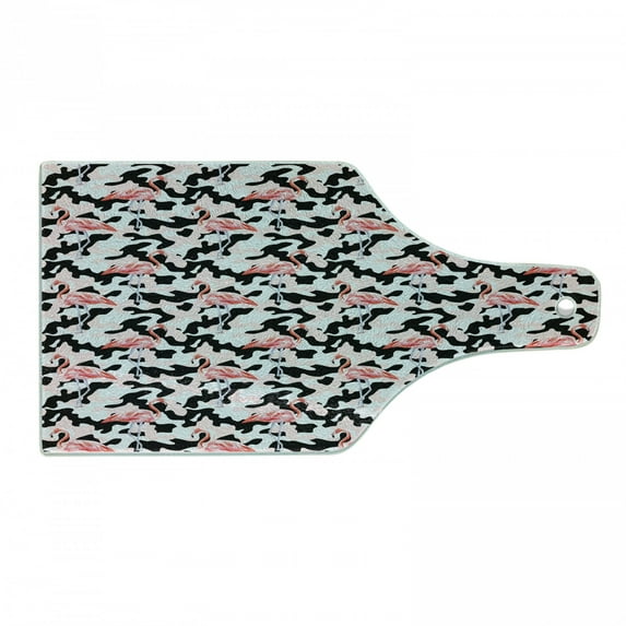 Camo Cutting Board, Watercolor Pink Flamingo Print Camouflage Background Nature Inspired, Decorative Tempered Glass Cutting and Serving Board, Wine Bottle Shape, Dark Coral Pale Pink, by Ambesonne