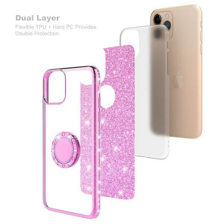 Apple iPhone 11 Pro Case for Girl Women, Glitter Cute Girly Ring Kickstand  Diamond Rhinestone Bumper Pink Clear Shock Proof Protective Phone Case