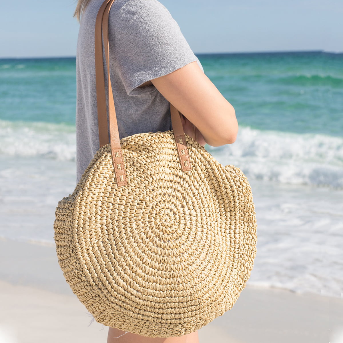 Bucket Bag Handmade Bohemia Star Rattan Woven Round Handbag Vintage Straw Knitted Lady Summer Beach Tote Khaki