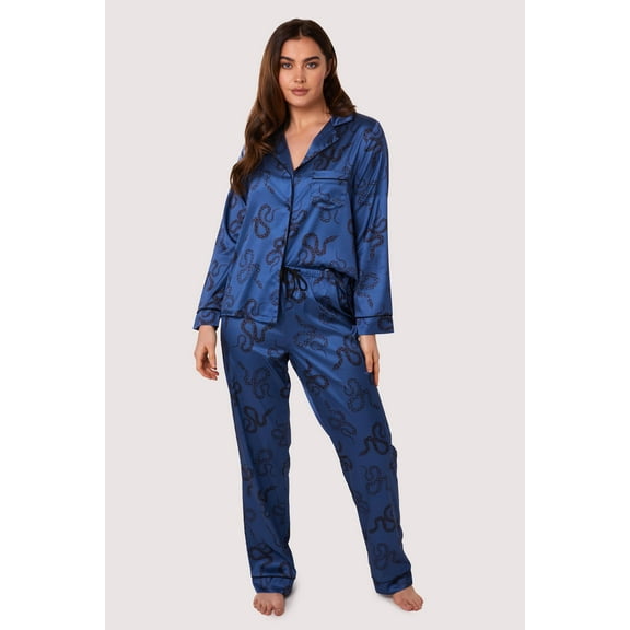 Blue Satin Snake Print Long Sleeve Pyjama Set