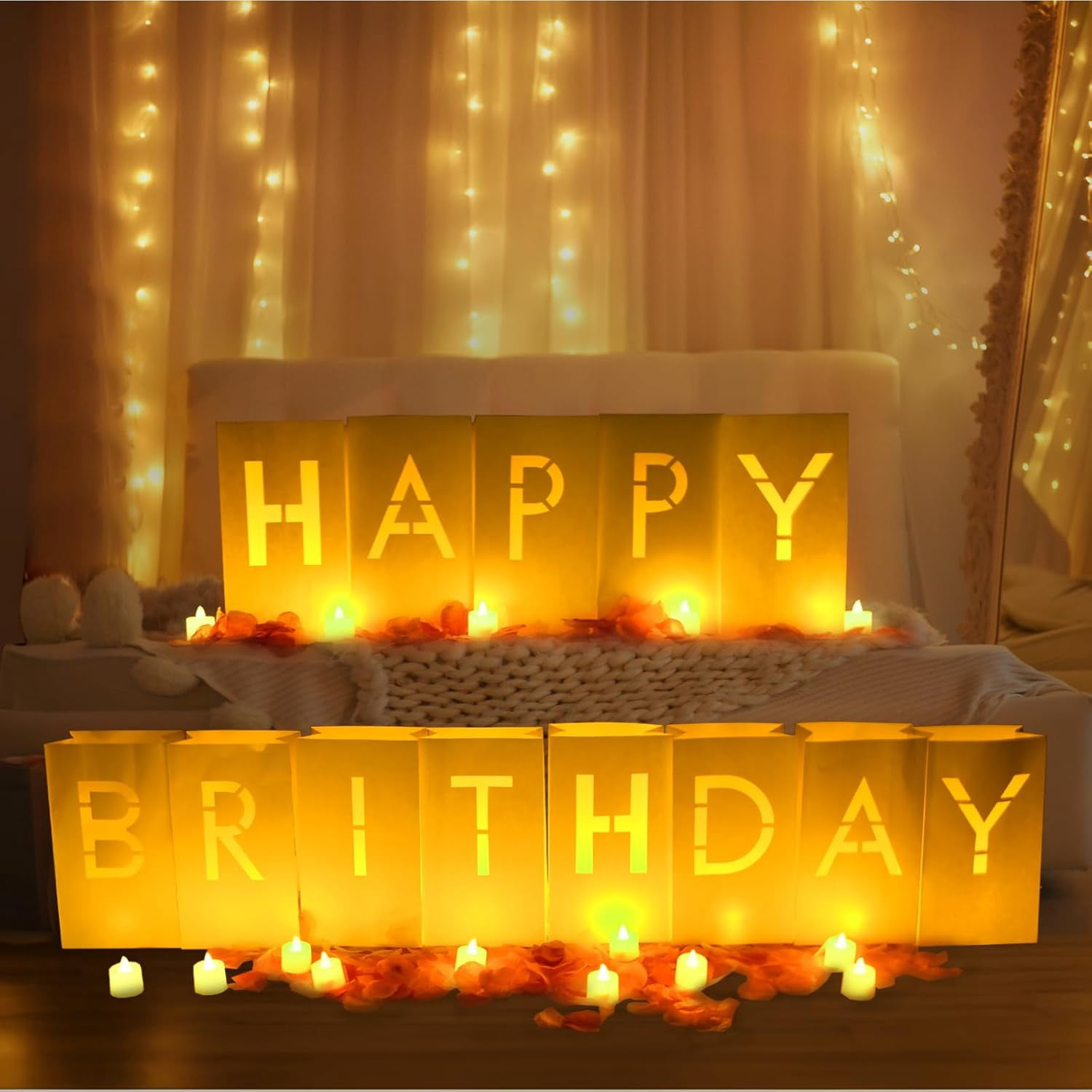 Happy Birthday Decorations for Men and Women Girls, Luminary Bags with Light Up Letters, Rose Petals and Candles Set, Happy Birthday Banner Sign for Party Decorations, Festival, Surprise Gifts Banner