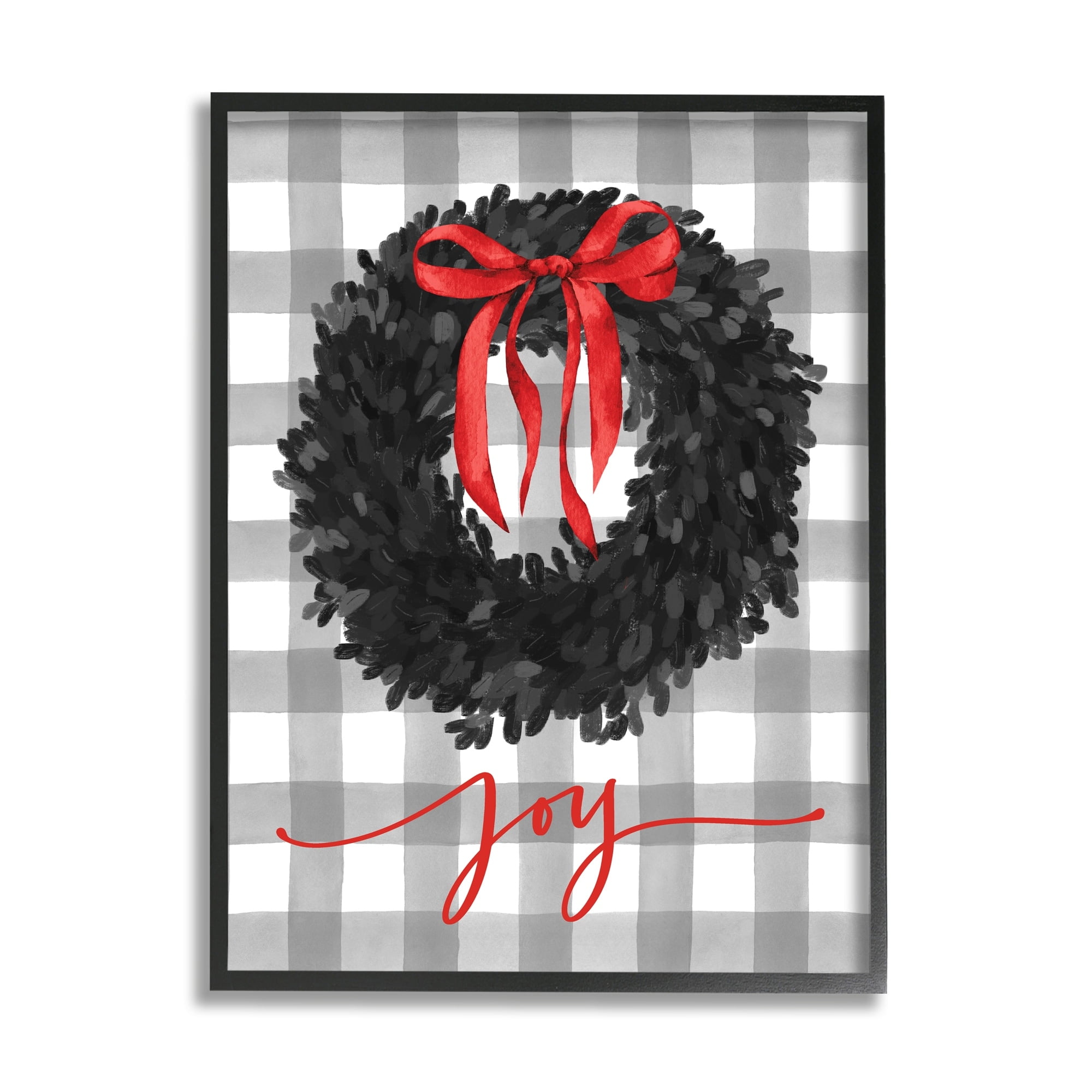 Joy Calligraphy Holiday Wreath Plaid Red Bow Botanical & Floral Graphic Art Framed Art Print Wall Art