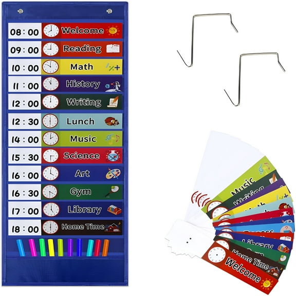 CCOCC Daily Schedule Pocket Chart Blue Schedule Pocket Chart for Classroom,Classroom Schedule Cards Schedule Pockets Charts 13 1 Pockets with 18 Double Sided Reusable Card for Classroom Home Office