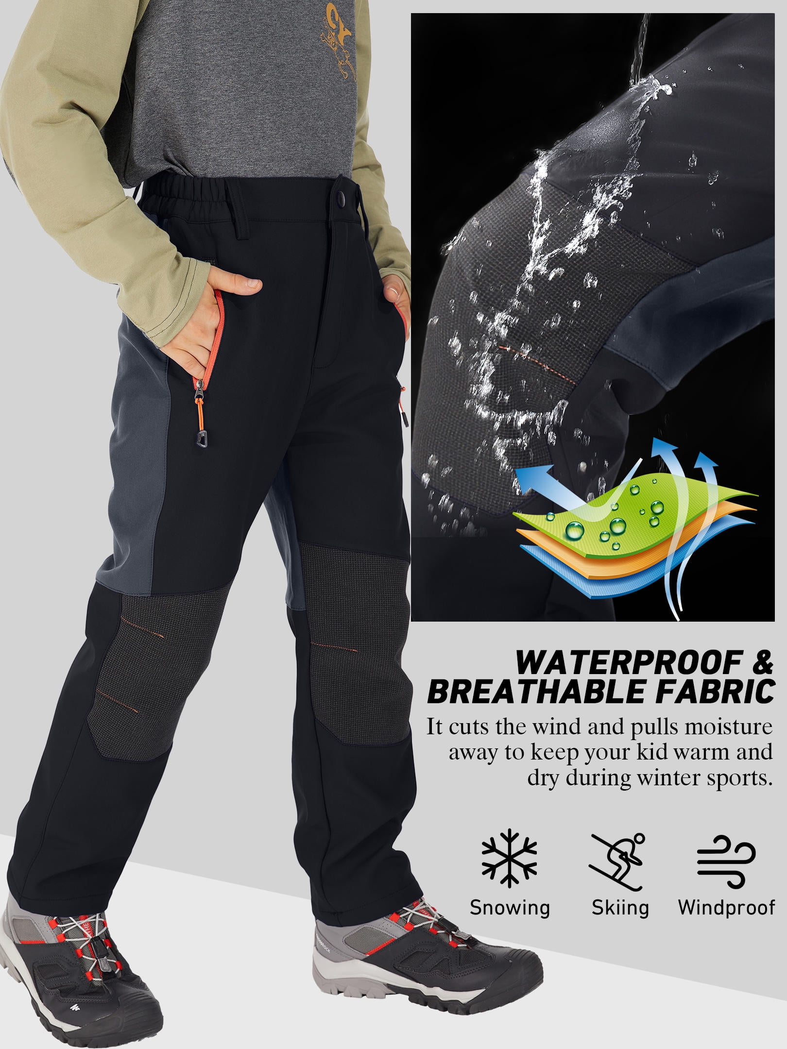 FEN AI Boy's Kids Youth Ski Snow Pants Windproof Waterproof Hiking Pant Expandable Waist Soft Shell Winter Warm Insulated Trousers Grey Size 10-12