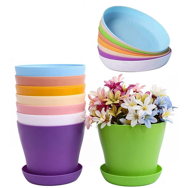 Lot de 8 petits pots de fleurs en plastique de 12,2 cm avec soucoupes, pots  de pépinière pour semis avec palettes pour plantation de jardinage –  Couleur aléatoire. 