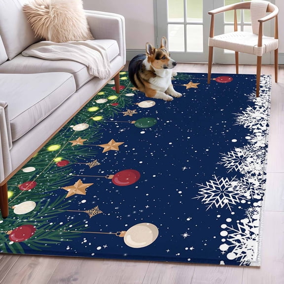 Blue Christmas Area Rug 3x5 Washable Rug Non Slip Xmas Winter Pine Balls Snowflakes Large Area Rug Indoor Floor Carpet for Entryway Bedroom Kitchen Living Room Home Office Dining Room Nursery