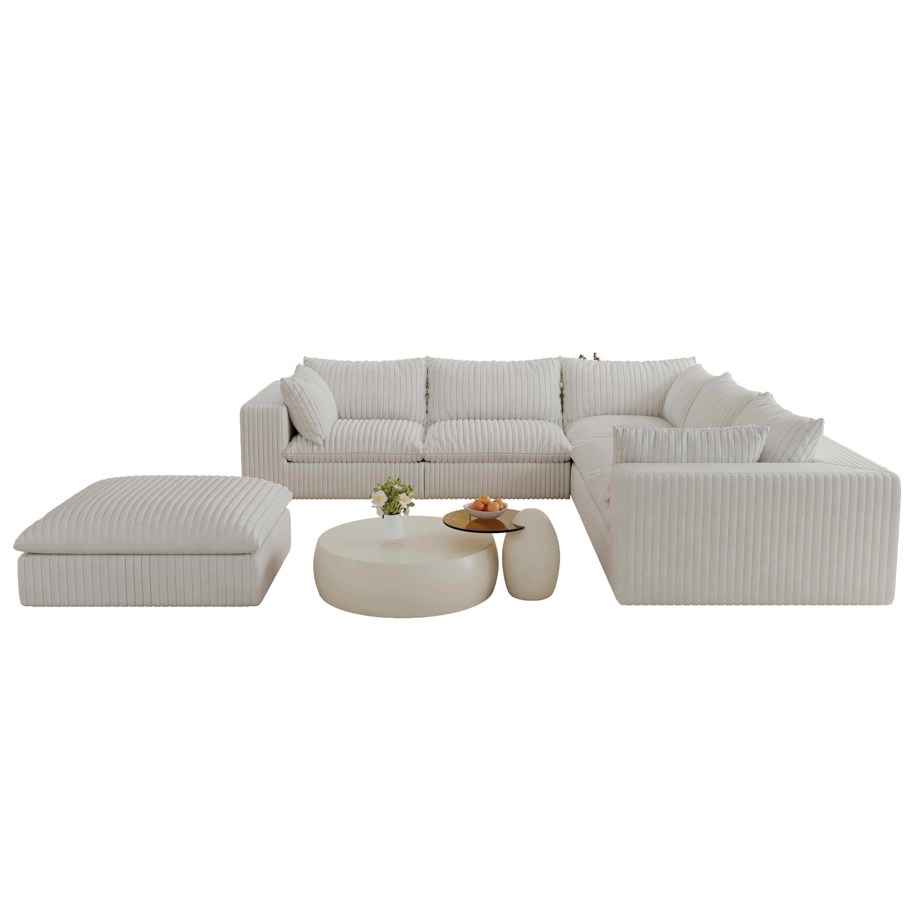 MAYEERTY 118.2" Cloud Corduroy Sofa, Deep Seat Double-Layer Design, Removable Cushion No Assembly, DIY Combination, White