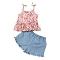 thumbnail image 5 of Odeerbi Kids Girls 2 Piece Outfits Floral Camisole Tops Shorts Set Summer Cotton Clothes Fashion Casual Ruffle Blouse Round Neck Collar Botton Printed Shorts Sets Pink, 5 of 6