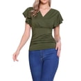thumbnail image 1 of Blusa Faux Wrap Inspire Chic para mujer, blusa casual de verano con cuello en V y mangas con volantes, talla L, verde oscuro, 1 of 6
