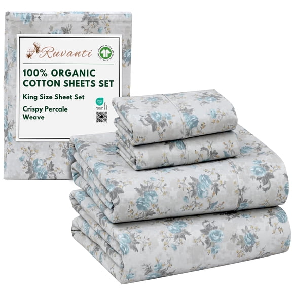 RUVANTI 100% Organic Cotton Sheets - King Size Sheet Set - 4 Piece Percale Weave Bedding, Crisp, Cooling & Breathable, Soft & Durable, 16" Deep Pocket, Hotel Quality Sbanas - Blue Rose