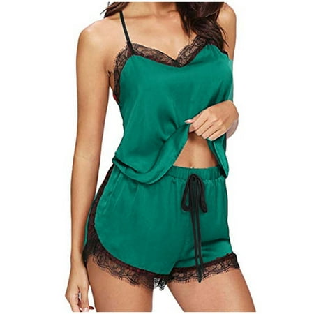 

Bessbest New Year Women Sleepwear Sleeveless Strap Nightwear Lace Trim Satin Cami Top Pajama Sets