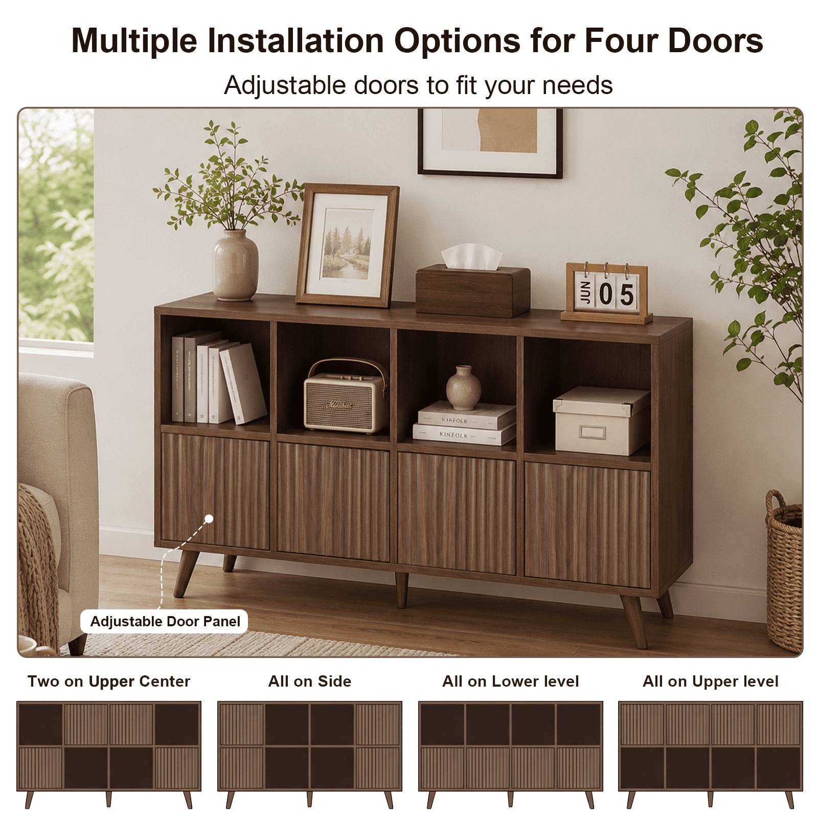 8 Cube Storage Organizer, Bookcase Storage Cabinet with 4 Doors, Freestanding Cube Shelf Organizer for Books Decor in Living Room Bedroom Office, Walnut