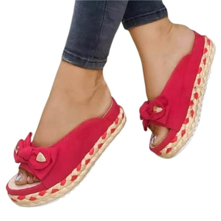 

lizyue 1 Pair Braided Straps Round Toe Slip-on Casual Sandals Bowknot Decor Platform Women Slippers for Daily Life