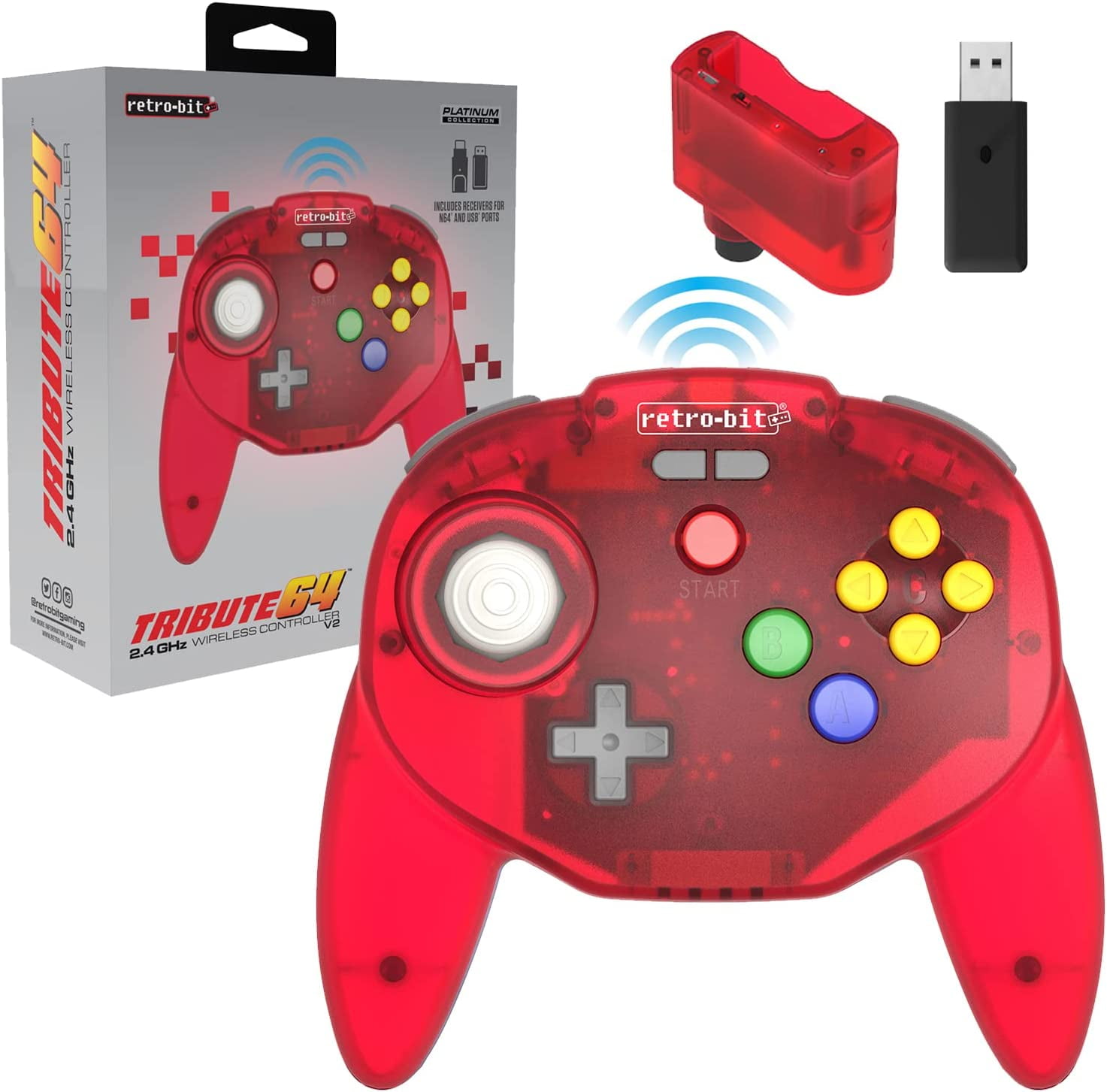 Retro-Bit Tribute64 2.4GHz Wireless Controller for Nintendo 64 (N64), Switch, PC, MacOS, RetroPie, Raspberry Pi and Other Devices (Clear Red)