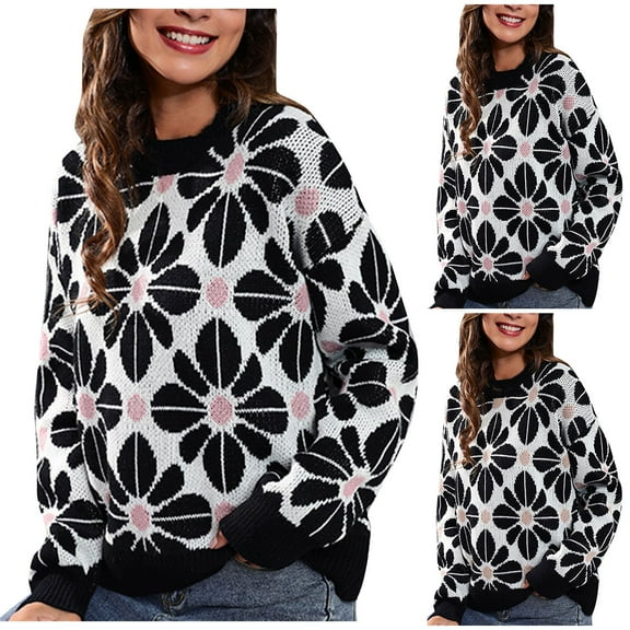 Lovskoo Sweaters for Women Loose Flowers Round-Neck Sweater Winter Long Sleeve Blouse Khaki