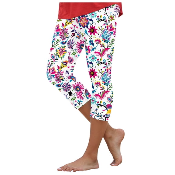 GEWSEY Capri Leggings for Women Summer Floral Printed Plus Size Capris High Waist Knee Length Slim Fit Yoga Cropped Legging (Hot Pink, L)