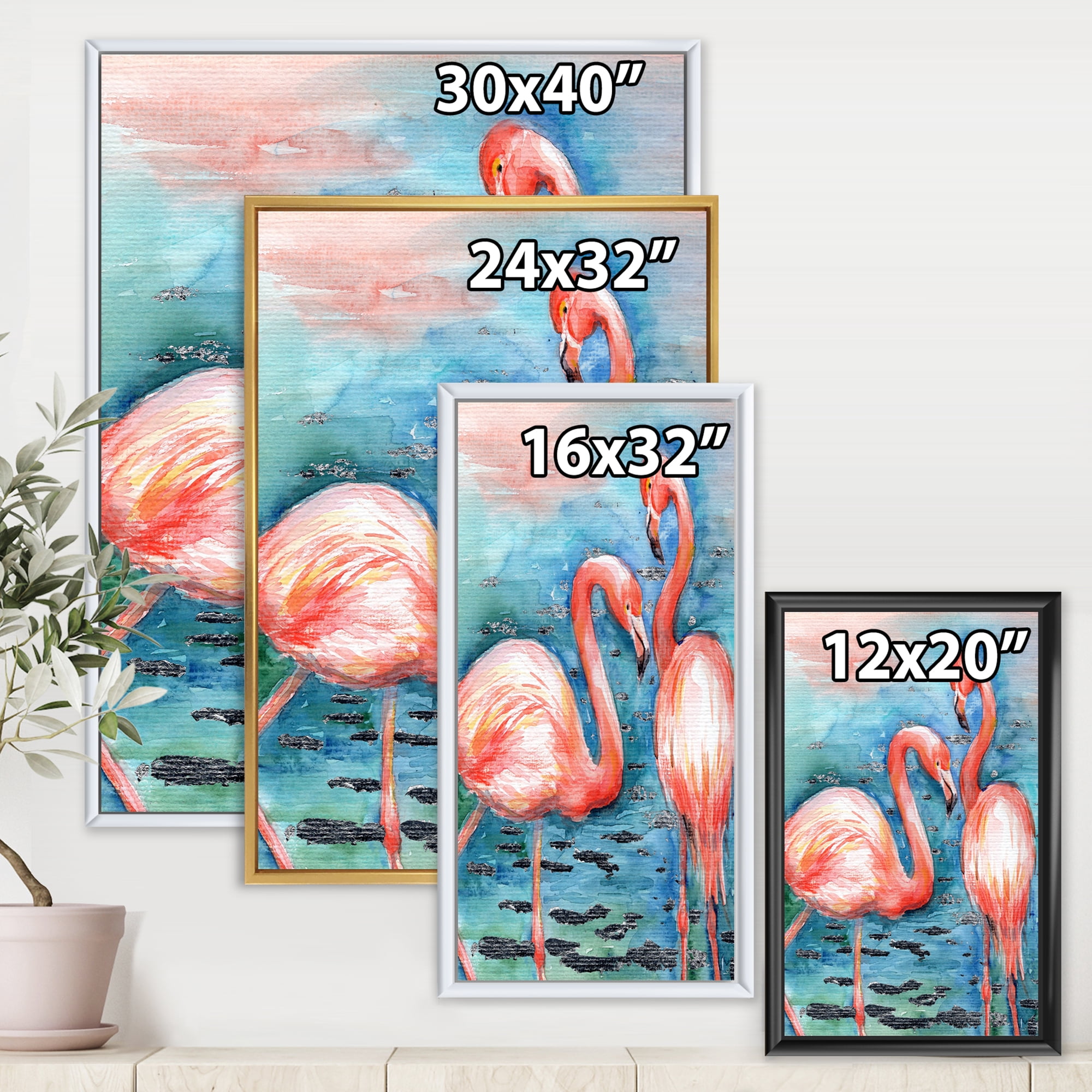 Designart 'Pink Flamingos Love Birds In Blue Water I' Farmhouse Framed Canvas Wall Art Print