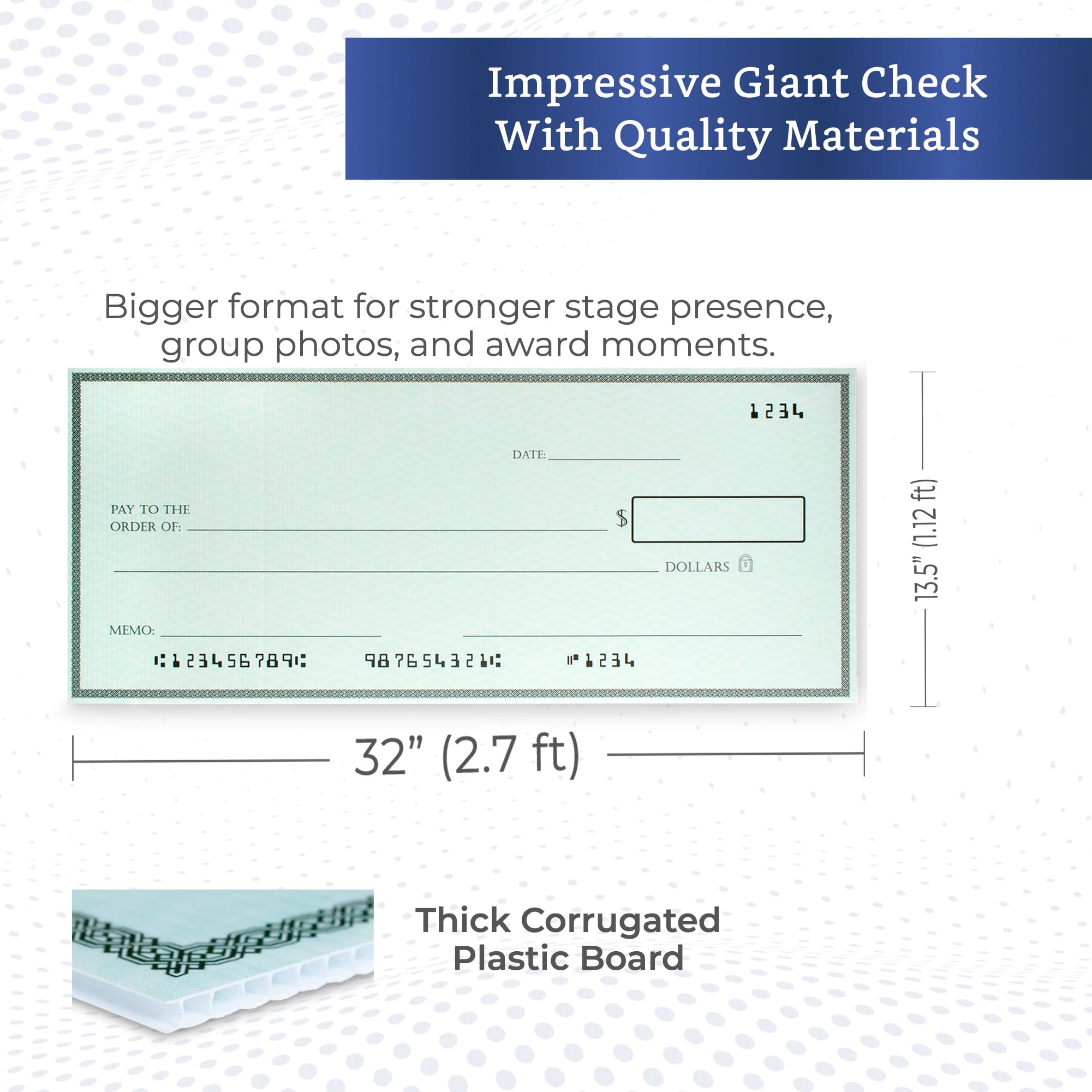 Giant Check (Plastic Cardboard 32 x 13.5 inches) - Big Checks for Presentations, Awards, Donations, Ceremonies and Events