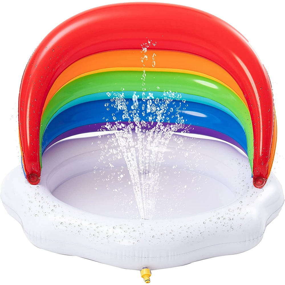 Inflatable Kiddie Pool with Canopy Rainbow Sprinkler Splash Pad for Kids, Wading Pool for