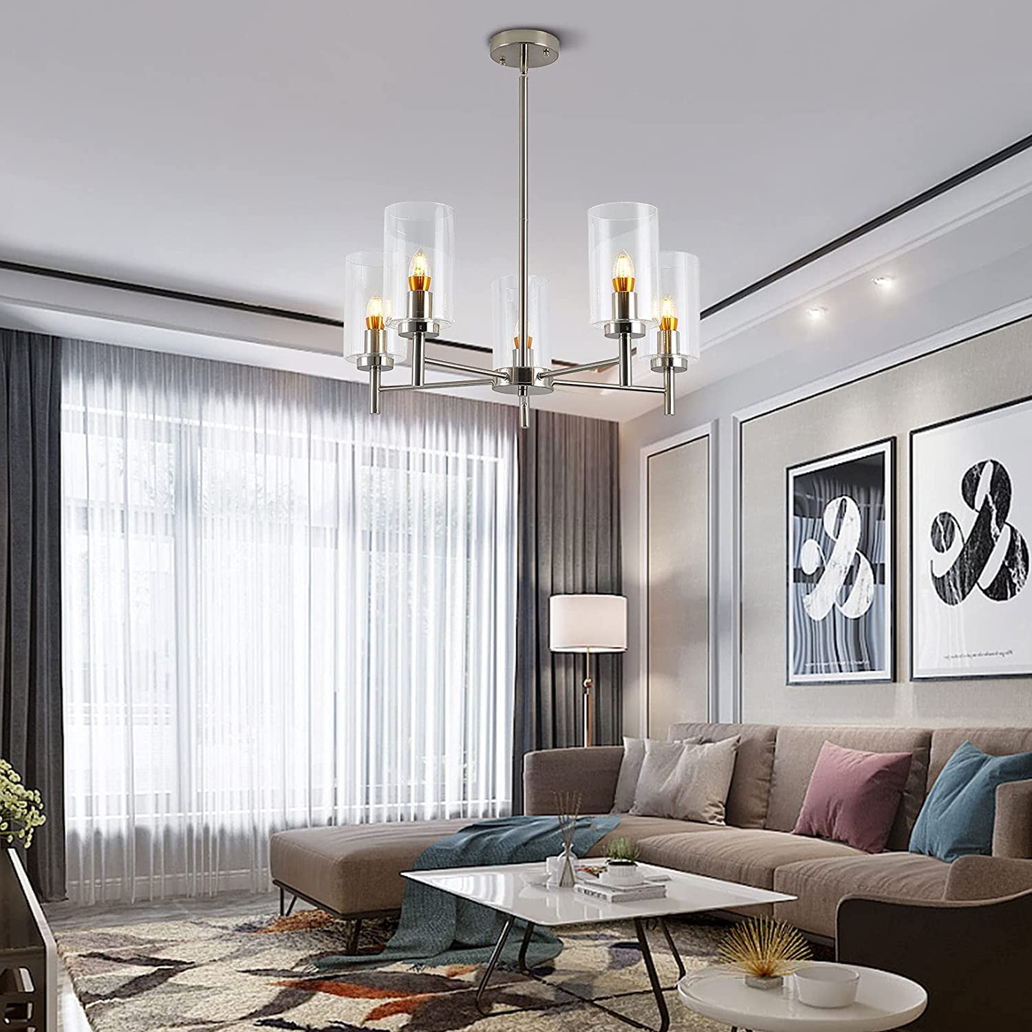 MONIPA 5 Light Chandeliers Contemporary Modern Clear Glass Shades Pendant Light Fixtures Adjustable Wire Lights Brushed Polished Nickel Pendant Lighting