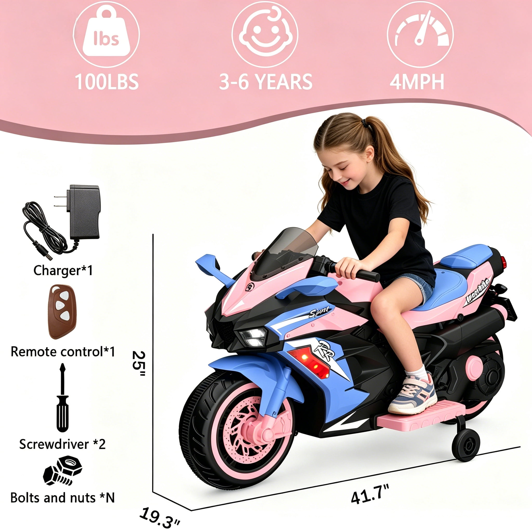 HNH 12V Ride on Toys for Girls, Kid Electric Motorcycle with Remote Control, Powered Motorcycle with Music, Bluetooth, Lights