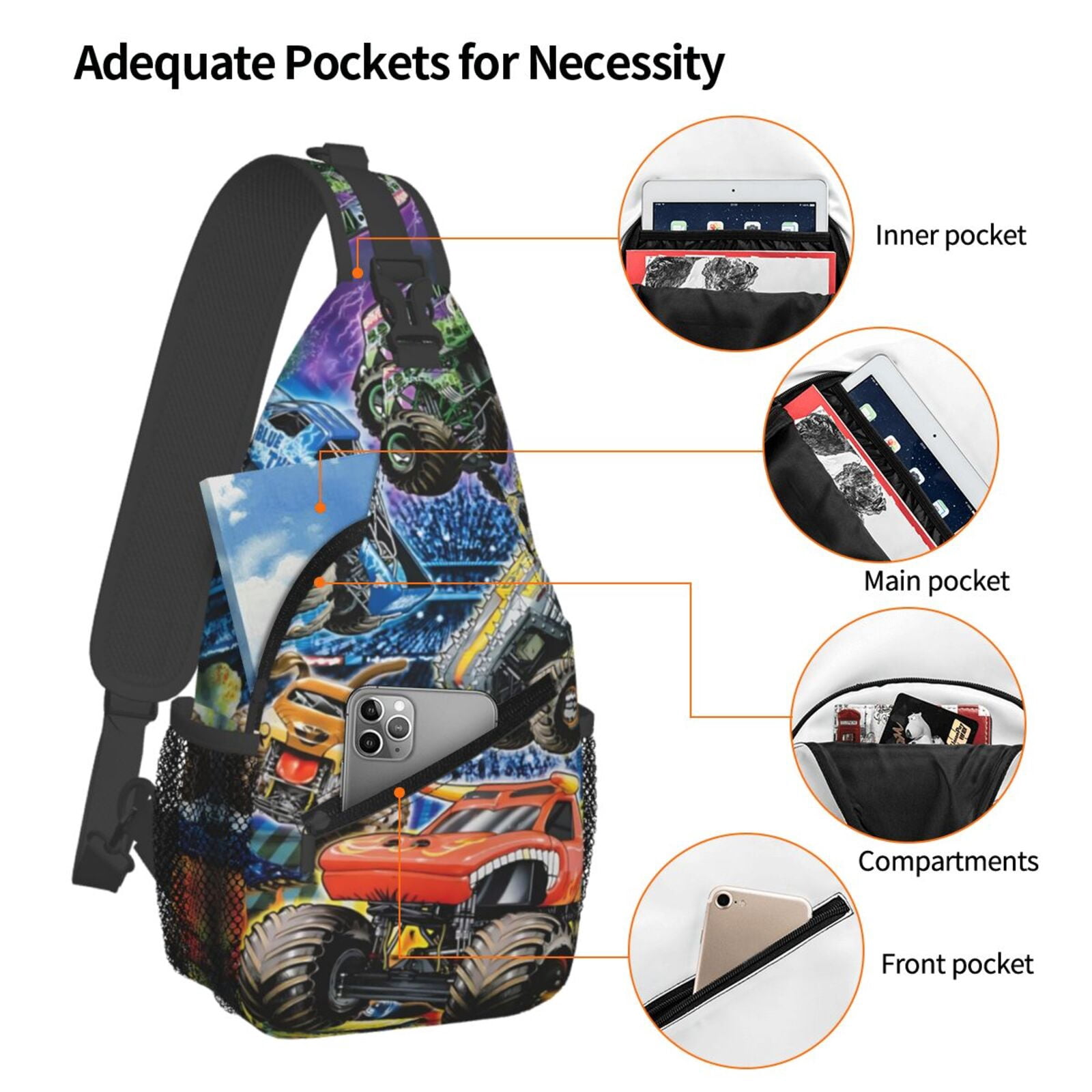 Monster Truck Jam Sling Bag Crossbody Sling Backpack Chest Bag Daypack Purses Shoulder Bag For Women Men Travel Hiking