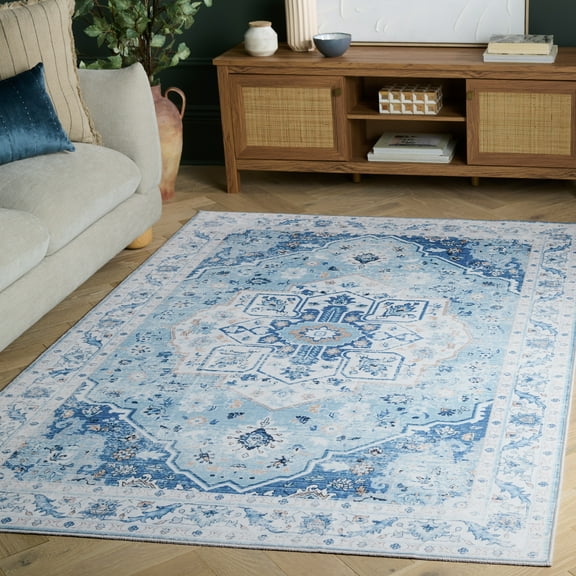 SAFAVIEH Arizona Thames Oriental Machine Washable Area Rug, Light Blue/Blue, 5' x 7'