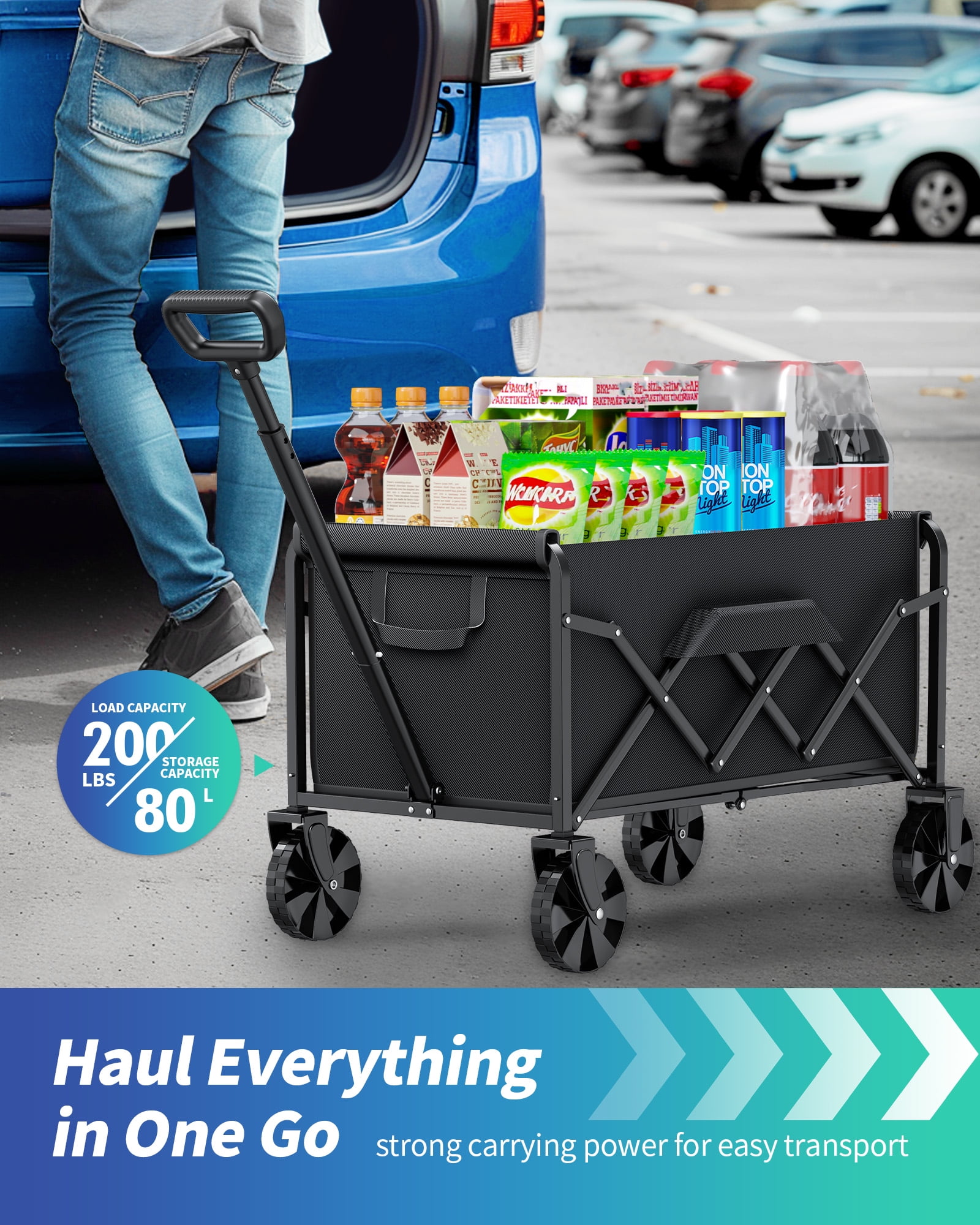 Sakugi Collapsible Wagon, 80L Capacity Heavy-Duty Wagon Cart with Foldable Structure, Shopping Cart with Wheels for Camping, Sports, 28" x 17" x 36", Black