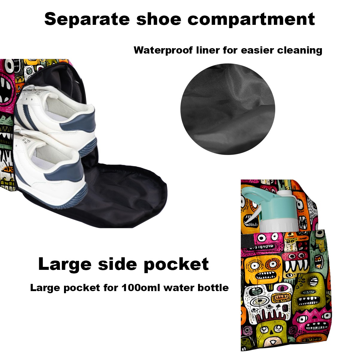Large Gym Bag with Shoe Compartment, Water-Resistant Duffle Bag for Men and Women, Colorful Whimsical Cartoon Characters Sports Tote for Workout Travel