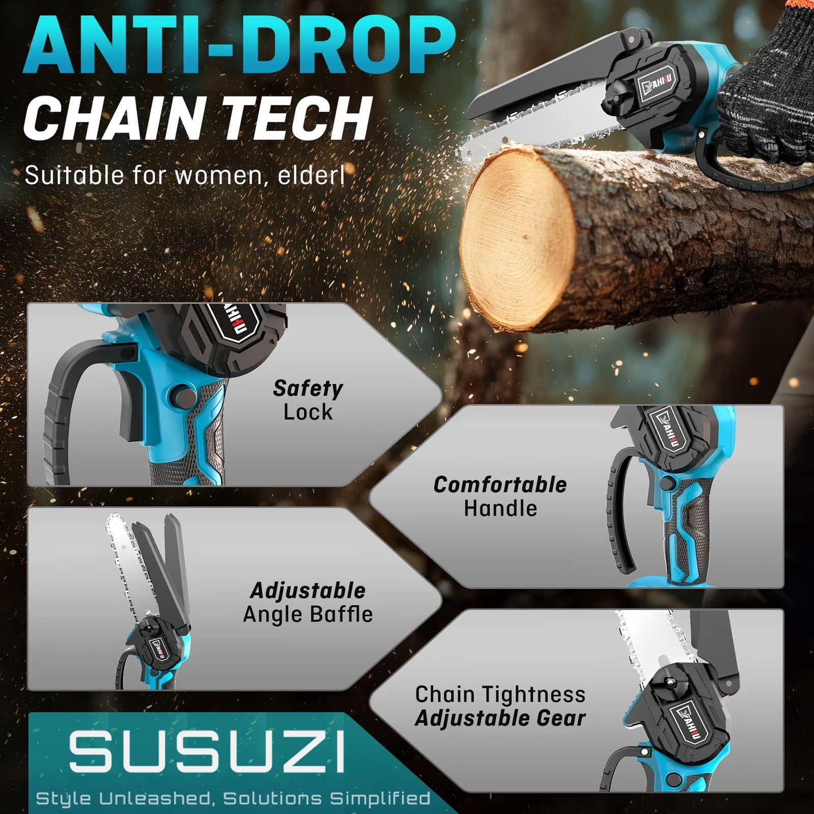 SUSUZI 8-Inch Cordless Chainsaw, 21V Dual Batteries Brushless Electric Handheld Chainsaw for Tree Trimming Gardening Wood Cutting