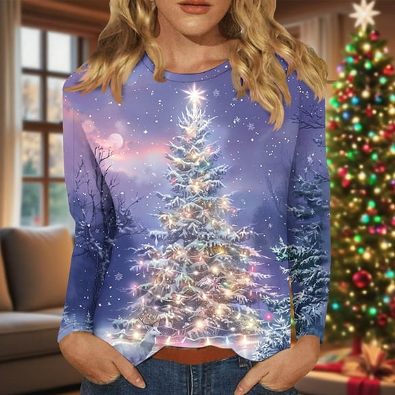 Odbmxy Long Sleeve Womens Christmas Tshirts Graphic Tops for Women Casual Funny Holiday Purple Regular Tops