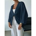 thumbnail image 2 of Women'S Twist Front Cropped Crochet Sweater Asymmetrical V Neck Oversized Bat Wing Pullover Knit Tops Blue M, 2 of 8