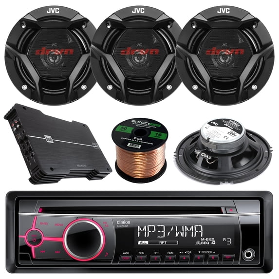 Clarion CZ102 CD/MP3/WMA AUX Car Stereo Receiver Bundle Combo With 4x CSDR620 6.5" 300 Watt 2-Way Upgarde Audio Coaxial Speakers + Dual XPE4700 800w 4-Channel Amplifier + 50 Foot 16 Gauge Speaker Wire