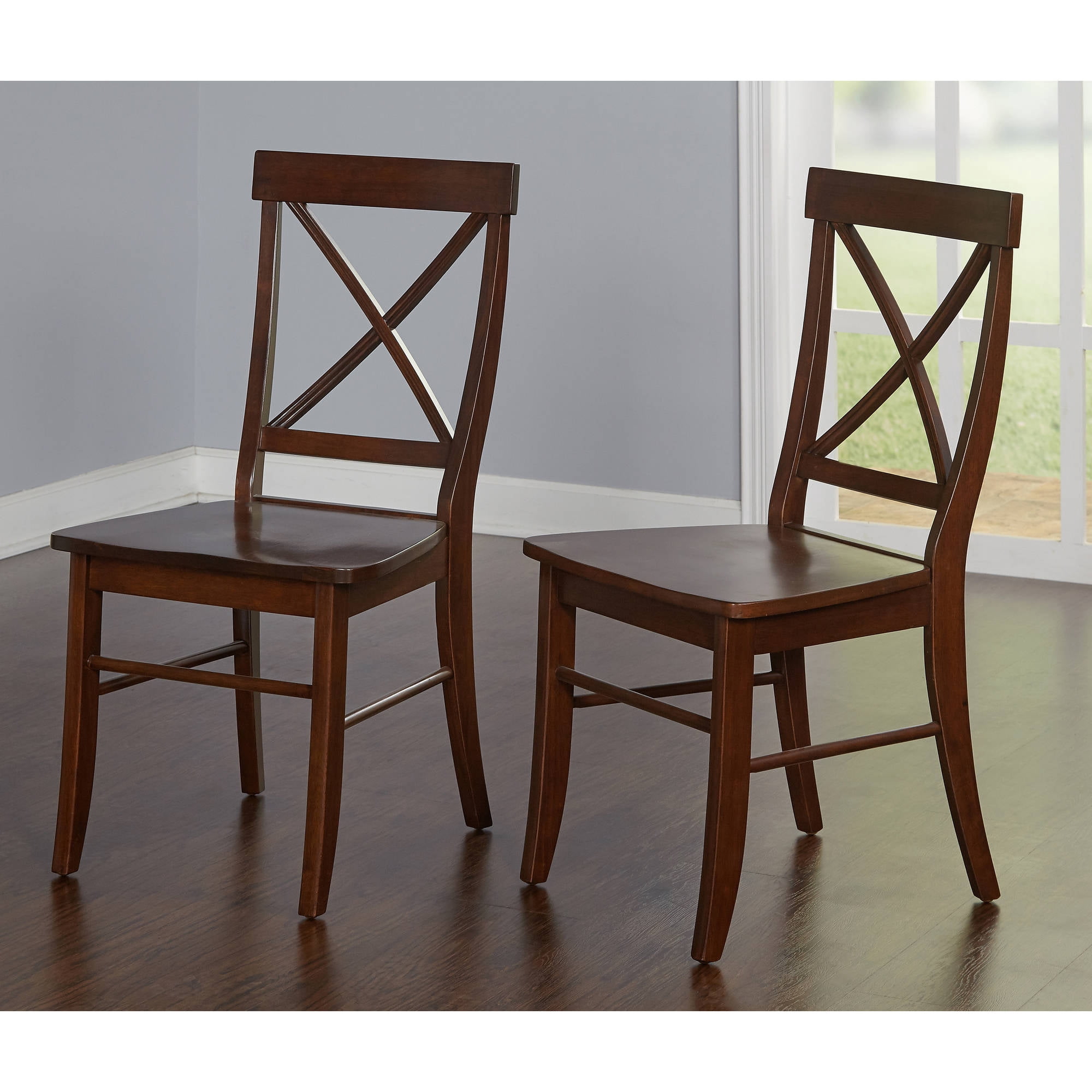 Rubberwood Cross Back Dining Side Chairs, Brown (Set of 2)