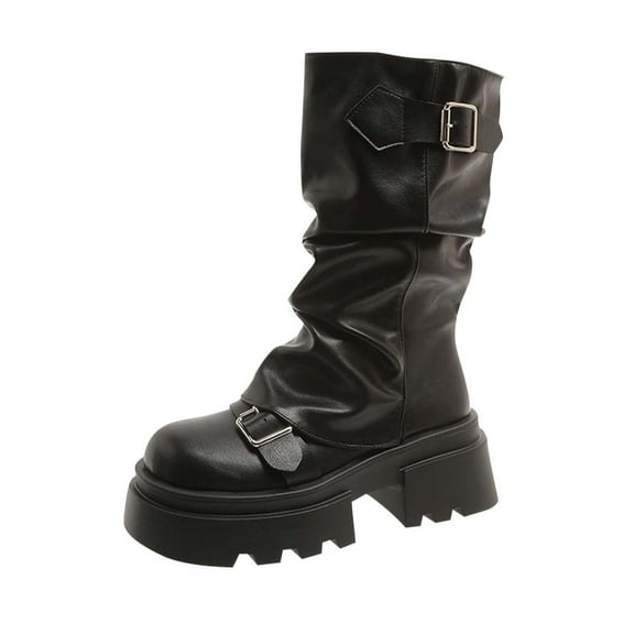 Fashion Casual Boots Thick Heel Solid Color Women's Versatile Belt Buckle Shoes for Fall and Winter Outdoor and Everyday Wear Black,36