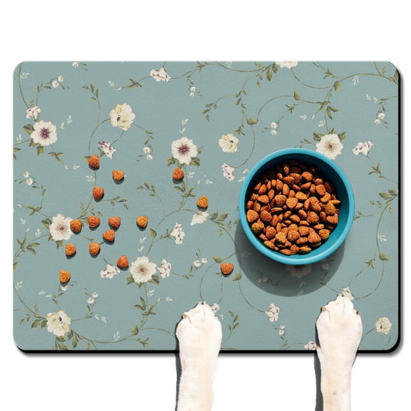 Retro Floral Pet Bowl Mat - Tropical Colors, Waterproof Dog Food Spill Mat Durable