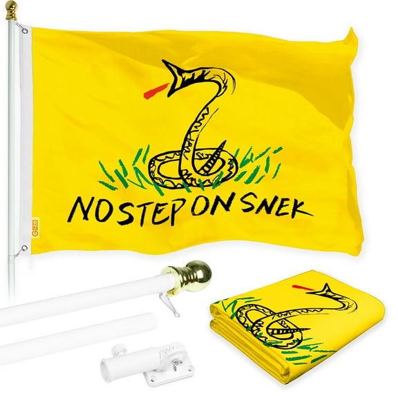 G128 Combo Pack: Flag Pole 6 FT White Tangle Free & No Step On Snek Flag 3x5ft 150D Printed Polyester
