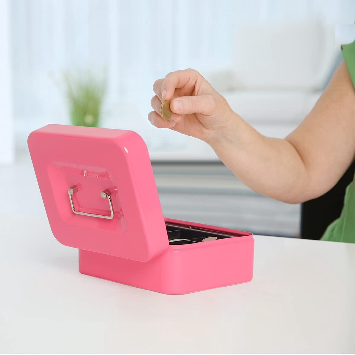 Fireproof Waterproof Box with Key Lock Safe 1Pc Mini Portable Steel Petty Lockable Cash Money Coin Safe Security Box Household for Daily Use Household and Traveling Small Pink