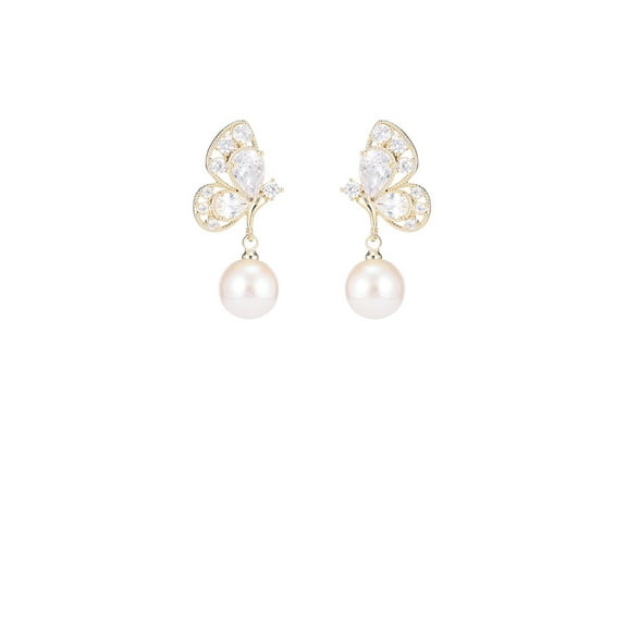 Fashion Elegant Plated Gold Butterfly Imitation Pearl Earrings with Cubic Zirconia