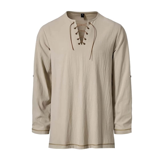Men's Cotton Vintage Lace Up Shirts Long Sleeve Viking Medieval Costumes without Belt Halloween Costume Tops