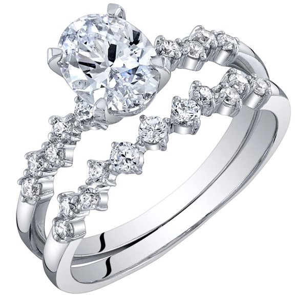 PEORA 1.50 Carats Oval Cut Moissanite Engagement Ring and Wedding Band Bridal Set Scattered Side Stones 925 Sterling Silver, D-E Color, VVS Clarity, Size 8