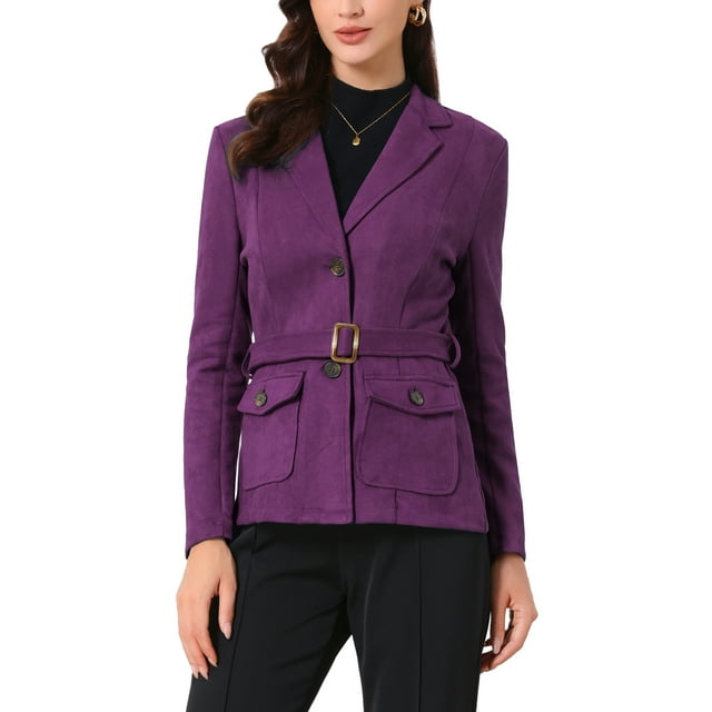 BLAZER DE TRABAJO DE MANGA LARGA CON CINTURÓN DE SUEDE SINTÉTICO PARA MUJERES CHIC INSPIRE TALLA XS COLOR PÚRPURA OSCURO