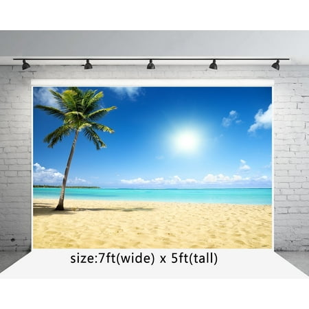 Image of HelloDecor 7x5ft Beach Photo Backgrounds Coconut Trees Blue Sky White Clouds Sea Photography Backdrops