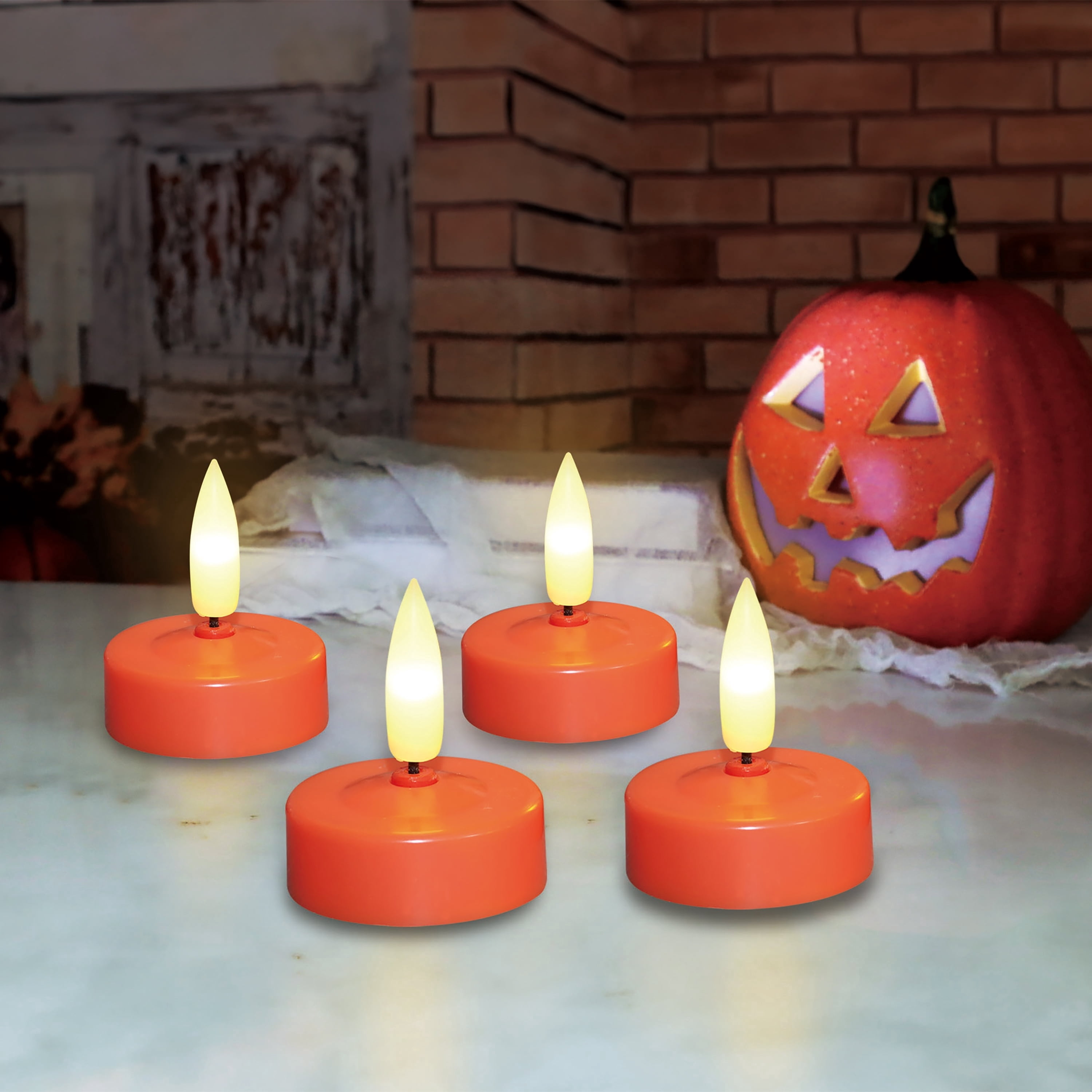Battery-Operated LED Tealight Candles, Orange, 4 Count, Halloween by Way To Celebrate