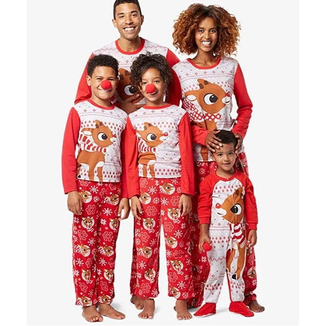 Conjuntos de pijamas para el hogar, Tops de manga larga con estampado de astas navideñas, pantalones rojos a cuadros, familia, padres e hijos