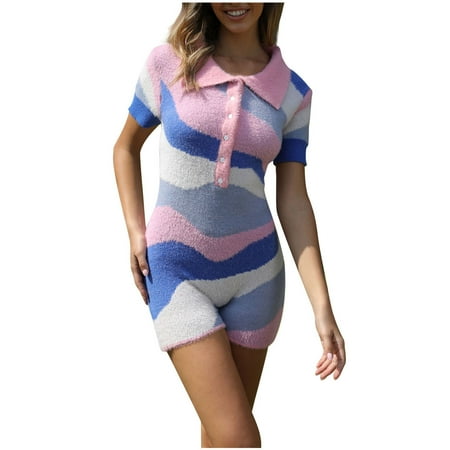 

Women Sexy Y2K Short Sleeve Bodysuits Jumpsuit Print Pattern Buttons Lapel Overalls Playsuit One Piece Rompers