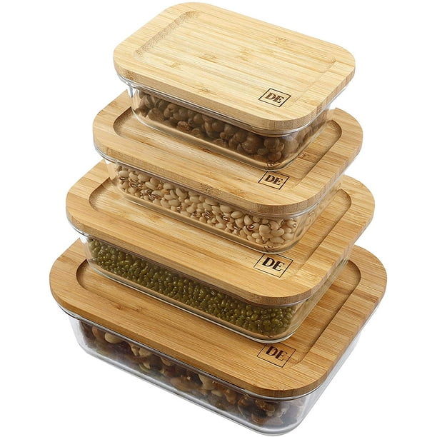 De Plastic Free Glass Food Storage Containers With Eco Friendly Bamboo Wooden Lids Set Of 4 Pantry Organization Ideal For Flour Sugar Coffee Teabags Pasta Candy Snack And Va Com Eco Friendly Bamboo Wooden Lids, Clear Storage Boxes With Wooden Lids